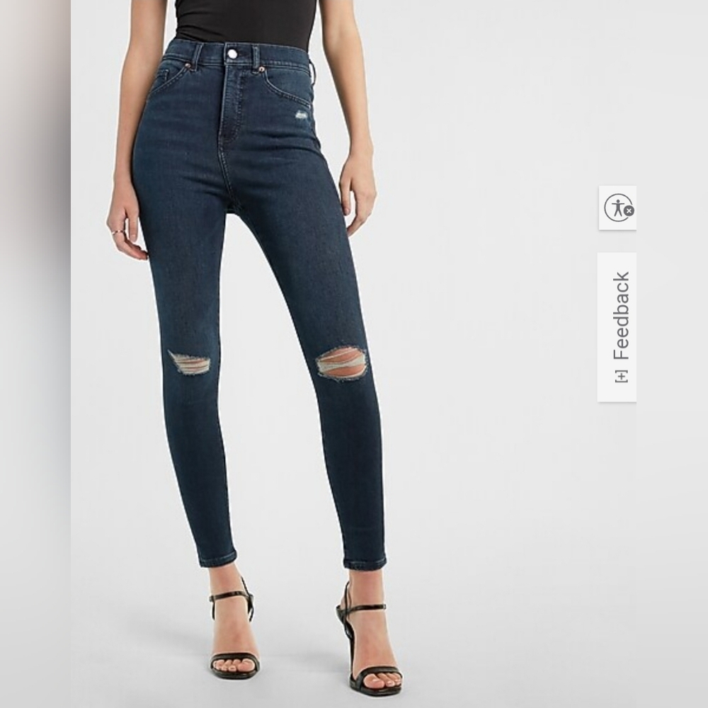 Express Super High Waisted Dark Wash Ripped Supersoft Skinny Jeans